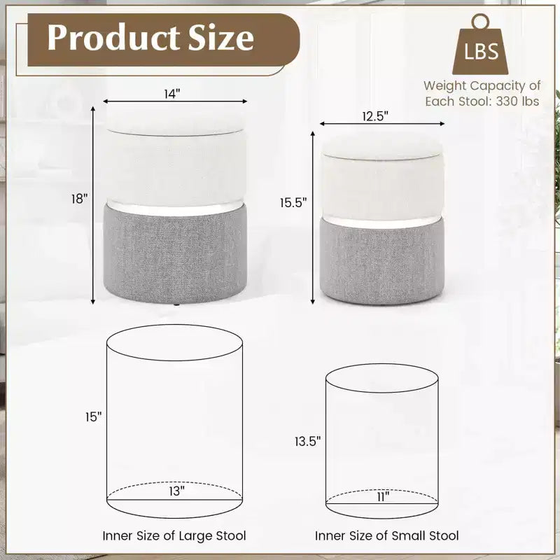 Repose-pieds rond moderne en tissu de lin avec rangement pour chambre à coucher