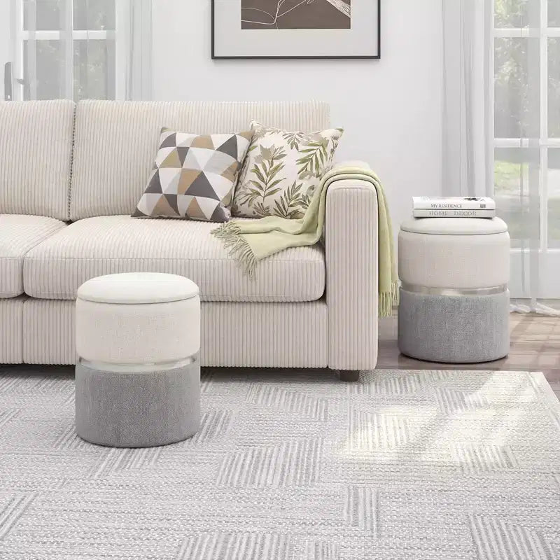 Repose-pieds rond moderne en tissu de lin avec rangement pour chambre à coucher