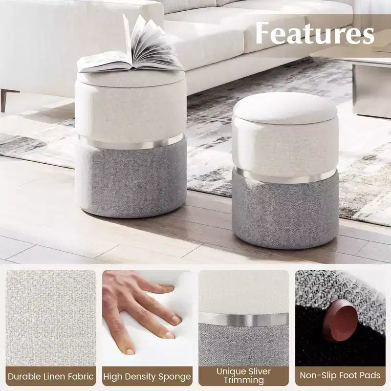 Repose-pieds rond moderne en tissu de lin avec rangement pour chambre à coucher