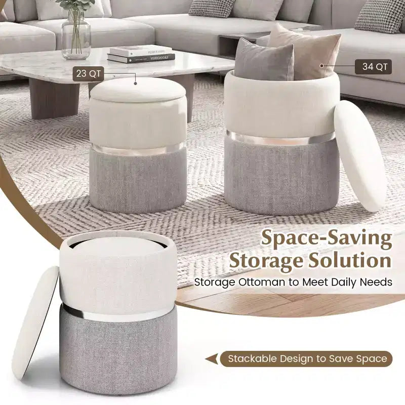 Repose-pieds rond moderne en tissu de lin avec rangement pour chambre à coucher