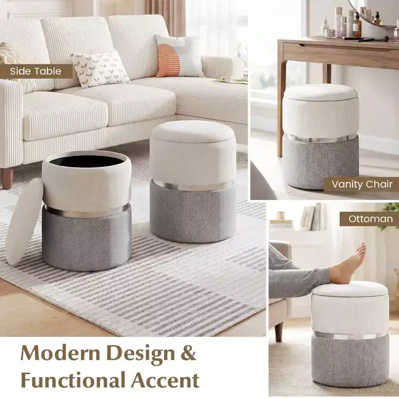 Repose-pieds rond moderne en tissu de lin avec rangement pour chambre à coucher