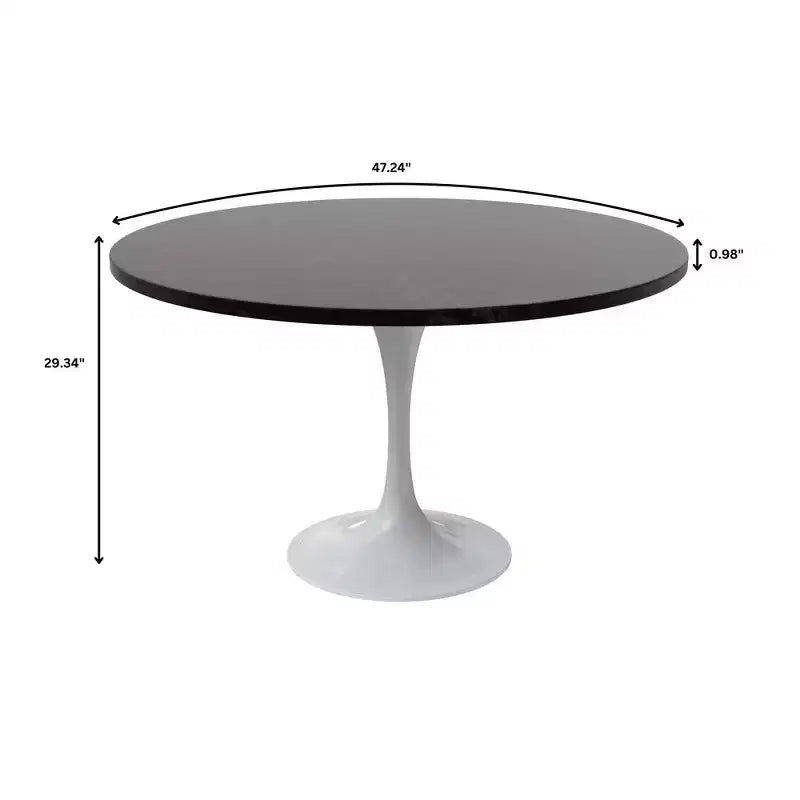 Table moderne du milieu du siècle avec plateau rond en MDF de 48 pouces et piètement colonne en acier blanc pour cuisine et salle à manger, en noir